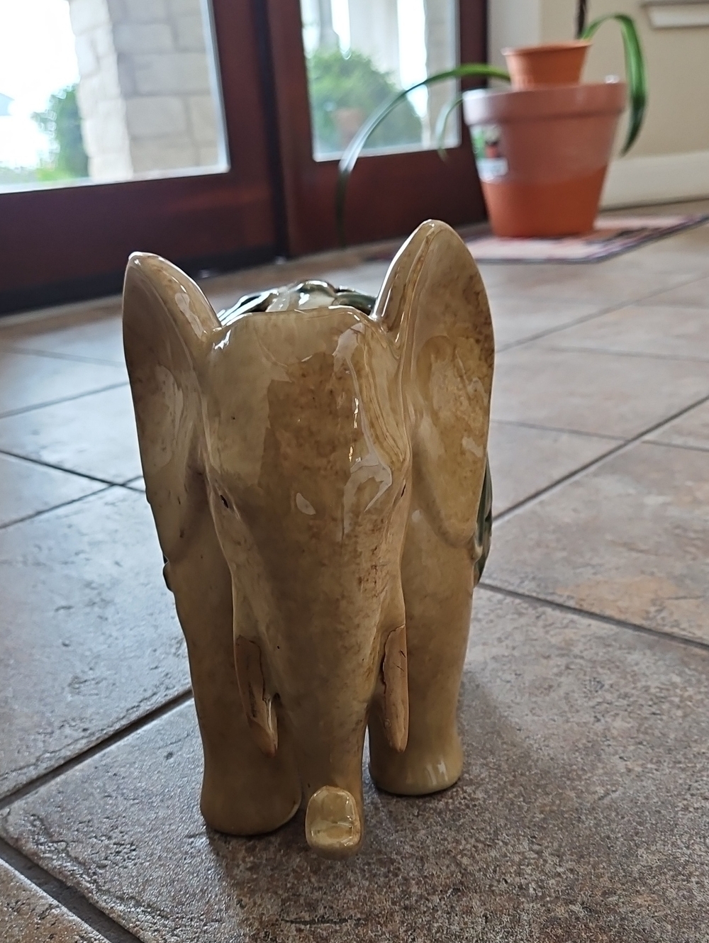 Vintage Ceramic Hand-Glazed Beige and Green Ceramic Elephant.
